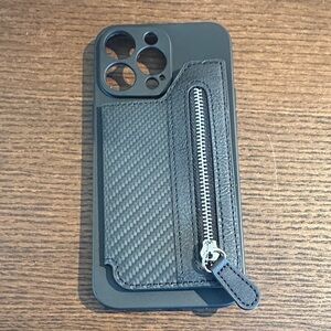 iPhone 14 Pro Black Carbon Fiber Phone Case with Zipper Pocket